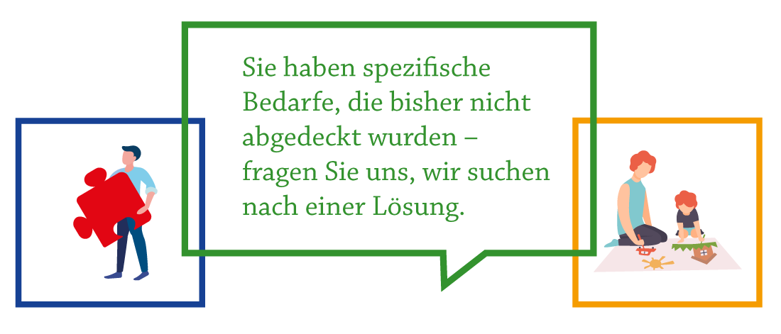 Illustration mit dem Text: „Sie haben spezifische Bedarfe, die bisher nicht abgedeckt wurden, finden wir eine Lösung dafür“