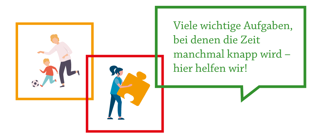 Illustration mit dem Text: „Viele wichtige Aufgaben, bei denen die Zeit manchmal knapp wird – hier helfen wir!“